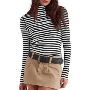 Women's Undershirts Black White Striped Long Sleeve Ribbed Slim Top Tees